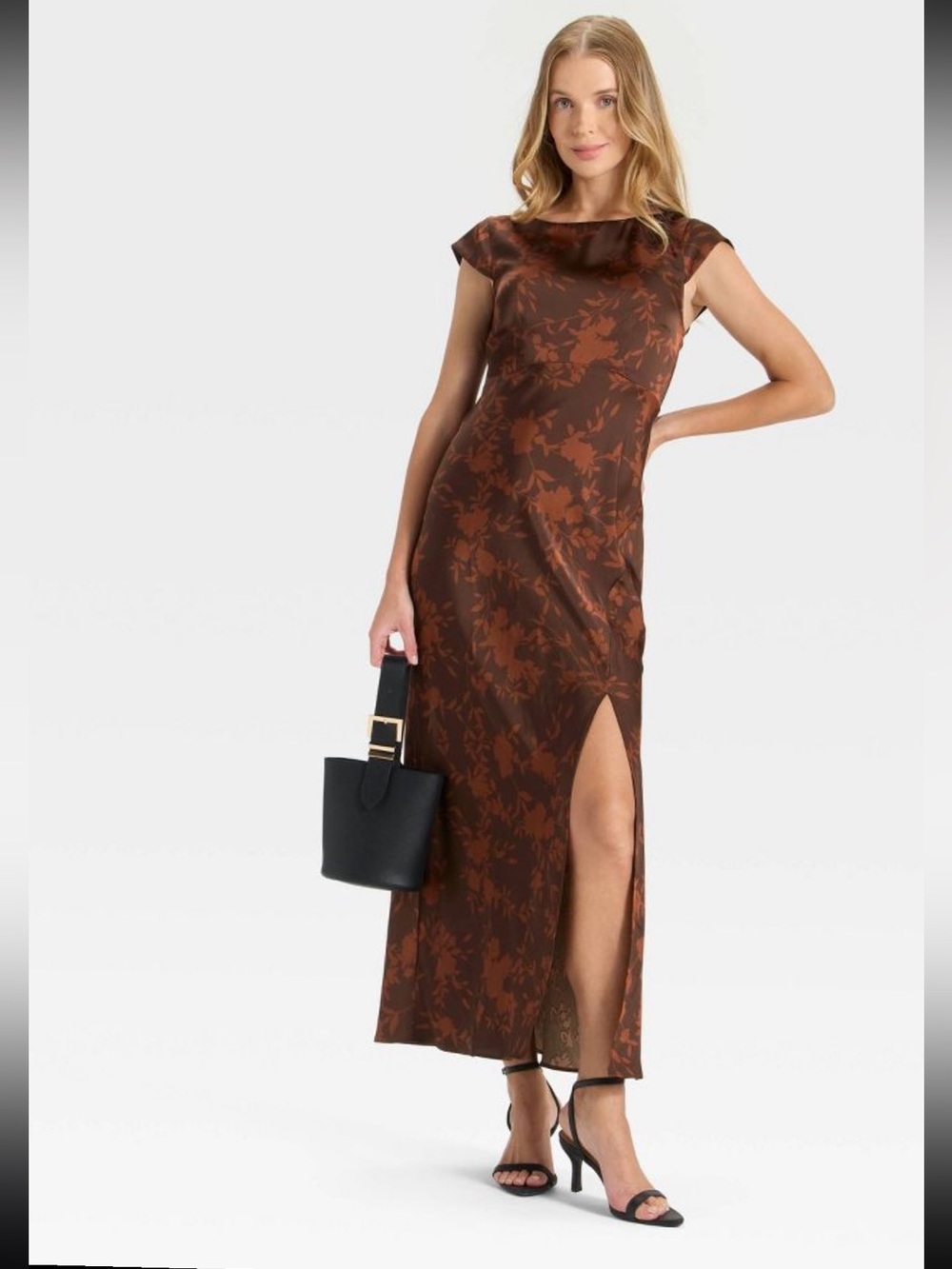 a new day Brown Floral Satin Maxi Dress with Side Slit